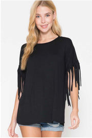 SALE!! 77 SSS-F {Flirty in Fringe} Black Tunic W/Fringe Sleeves PLUS SIZE 1X 2X 3X