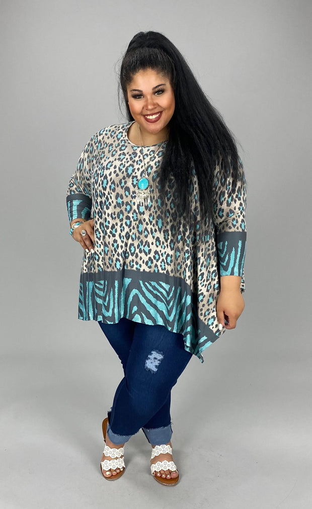 SALE!! 89 PQ-E {Design Dreams} Gray/Mint Animal Print Top PLUS SIZE 1X/2X  2X/3X