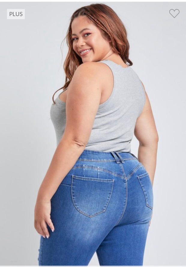 SALE!! LEG-79 {YMI Wanna Betta Butt} Med Blue Ripped Cuffed Ankle Jeans  PLUS SIZE 14 16 18 20