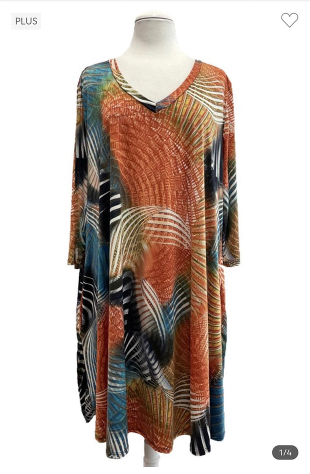 SALE!! 82 PQ-B {Fine By Me} Orange Print V-Neck Dress EXTENDED PLUS SIZE 3X 4X 5X