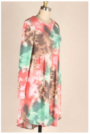 SALE!! PLS-V {Stay Humble} Pink, Aqua, Brown Tie Dye Babydoll  Dress PLUS SIZE 1X 2X 3X