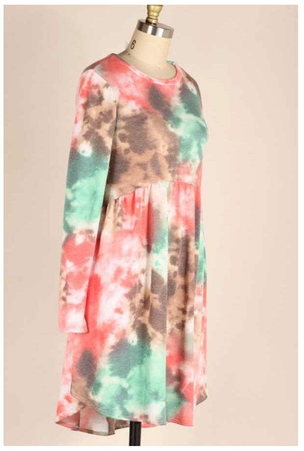 SALE!! PLS-V {Stay Humble} Pink, Aqua, Brown Tie Dye Babydoll Dress PLUS SIZE 1X 2X 3X