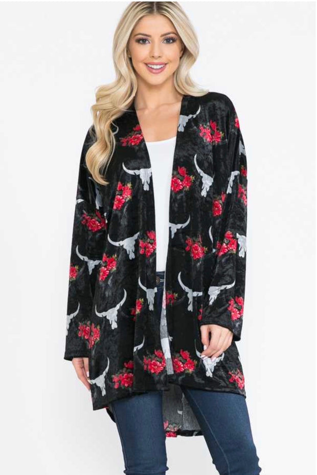 45 OT-B {Make U Miss Me} Black Velvet Cardigan W Floral Longhorn Plus Size 1X 2X 3X