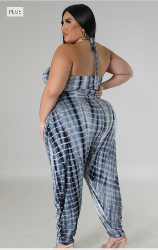 SALE!! LD-E {Parade Around} Black/Multi Tie Dye Halter Jumpsuit PLUS SIZE 1X 2X 3X