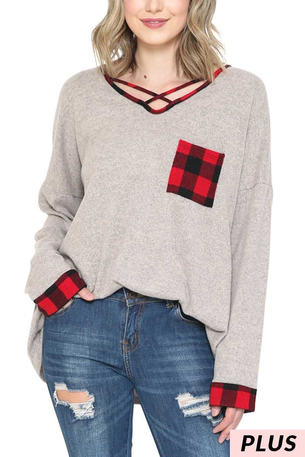 15 CP-F  {Cute And Cozy}  Grey Red Plaid Neck Detail Tunic  PLUS SIZE XL 2X 3X 4X 5X 6X