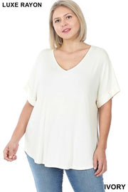 58   SSS-A  {Hint of Ivory} Ivory V-Neck Top Short Cuffed Sleeve Top PLUS SIZE 1X 2X 3X