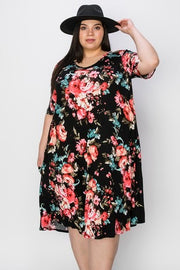 76 PSS-B {Light In The Dark} Black Floral V-Neck Dress PLUS SIZE 3X 4X 5X