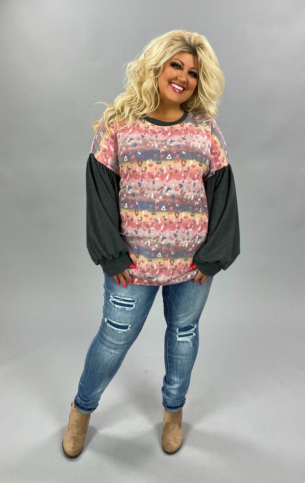 SALE!! CP-Q {Little Delights} Pink Leopard Charcoal Bubble Sleeve Top PLUS SIZE XL 2X 3X