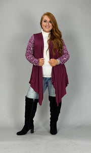 63 OT-C {Floral Motif} Burgundy Cardigan W/Floral Sleeve PLUS SIZE 1X 2X 3X