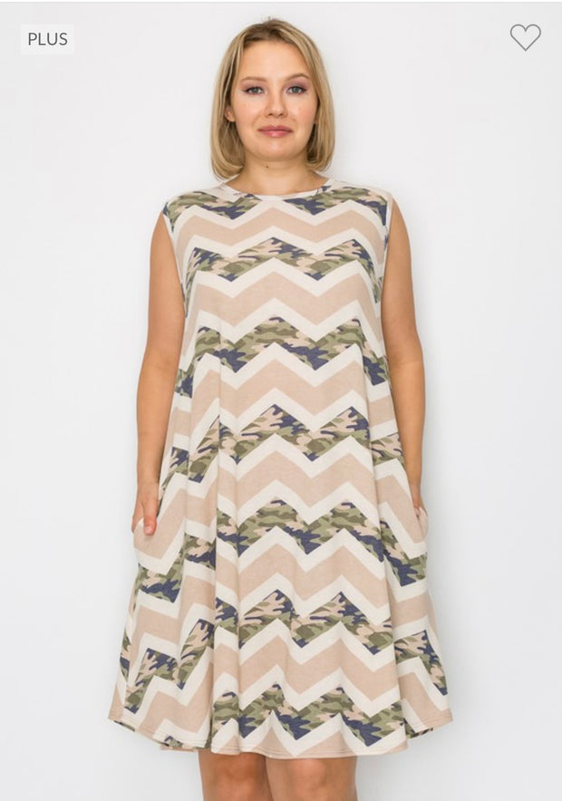 52 SV-A {Hidden Camo} Beige/Camo Chevron Print Dress  EXTENDED PLUS SIZE 3X 4X 5X