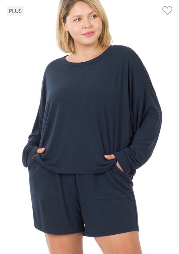 SALE!! 21 SET-B {The Good Life} Navy Long Sleeve Short Set PLUS SIZE 1X 2X 3X