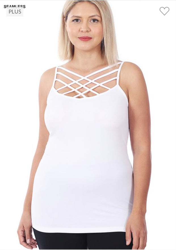 TANK {Uptown Girl} WHITE Caged Neck Shaper Tank  PLUS SIZE 1X/2X