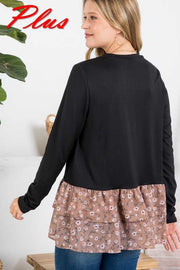 24 CP {Piece Together} Black Top w/Mocha Floral Ruffle PLUS SIZE 1X 2X 3X