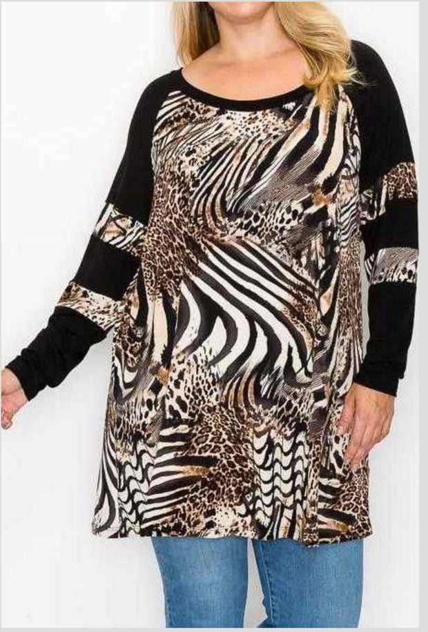 26 CP-B {Run The World} Black/Brown Animal Print Tunic PLUS SIZE  1X 2X 3X 4X 5X 6X