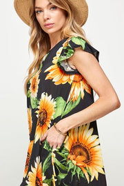 SALE!! 30 PSS-A {Sunflower Fun Flower} Black Printed Dress PLUS SIZE 1X 2X 3X