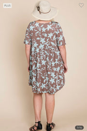 SALE!! 46 PSS-Z {The Best Time} Brown/Teal Print Babydoll Dress PLUS SIZE 1X 2X 3X