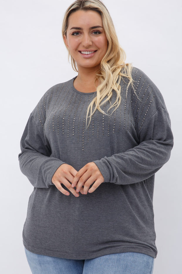 26 SD {Better Than Basic} VOCAL Charcoal Long Sleeve Top w/Studs PLUS SIZE XL 2X 3X