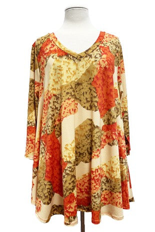 32 PQ {Plan For The Party} Orange/Taupe Print Top PLUS SIZE XL 2X 3X