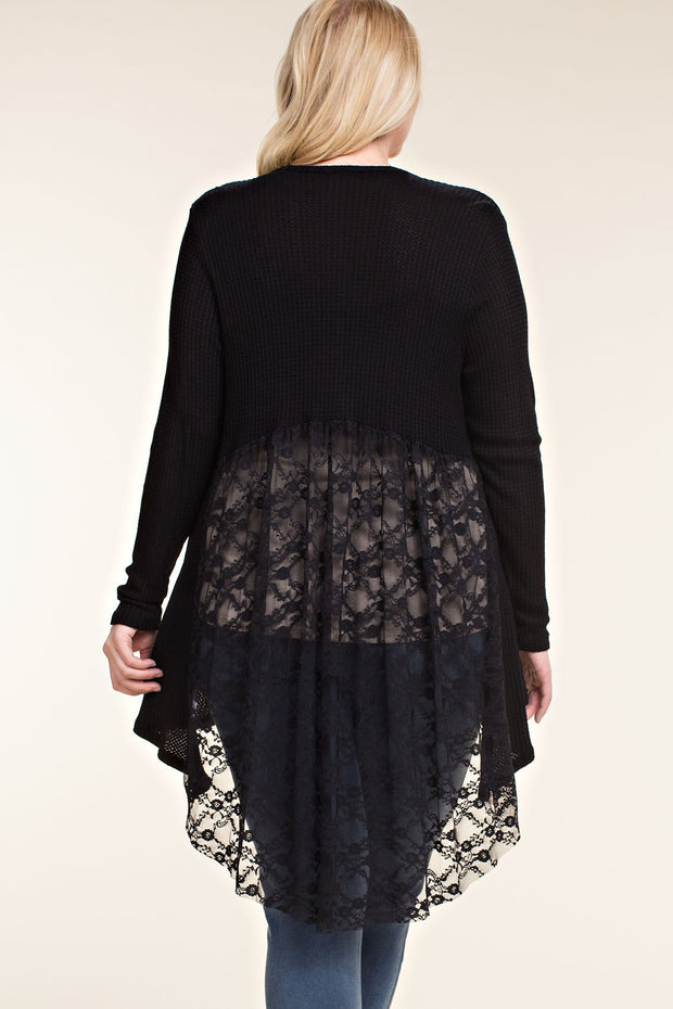 25 OT {Who You Are} VOCAL Black Waffle Knit Lace Back Cardigan PLUS SIZE XL 2X 3X