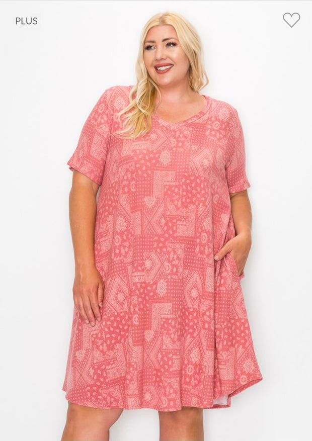 SALE!! 34 PSS- G {Easy To See} Dusty Red Paisley V-Neck Dress EXTENDED PLUS SIZE 3X 4X 5X