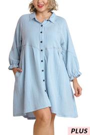 SALE!! 20 SLS-A {Always On Trend} Umgee Lt. Denim Button Up Dress PLUS SIZE XL 1X 2X