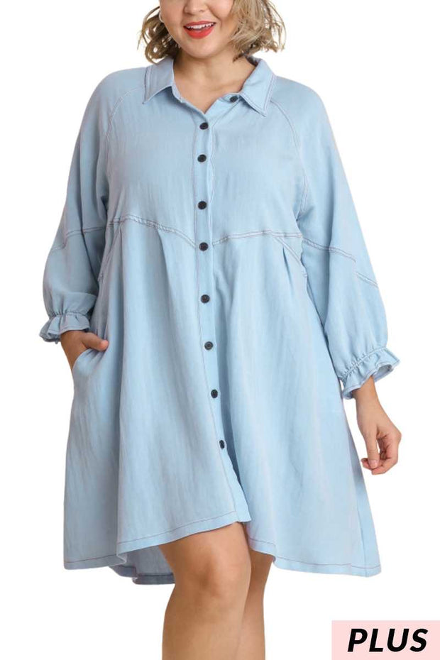 20 SLS-A {Always On Trend} Umgee Lt. Denim  Button Up Dress PLUS SIZE XL 1X 2X