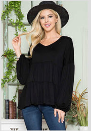 78 SLS-C {Here It Is} Black V-Neck Tiered Top PLUS SIZE 1X 2X 3X