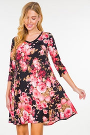 SALE!! 55 PQ-C {Floral Fate} Black Pink Floral Printed Dress PLUS SIZE 1X 2X 3X