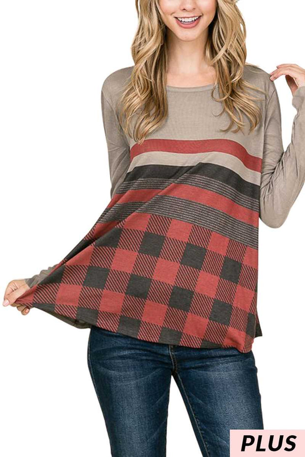 SALE!! 19 CP-T {Heading Out}  Grey With Red Black Plaid Top PLUS SIZE XL 2X 3X