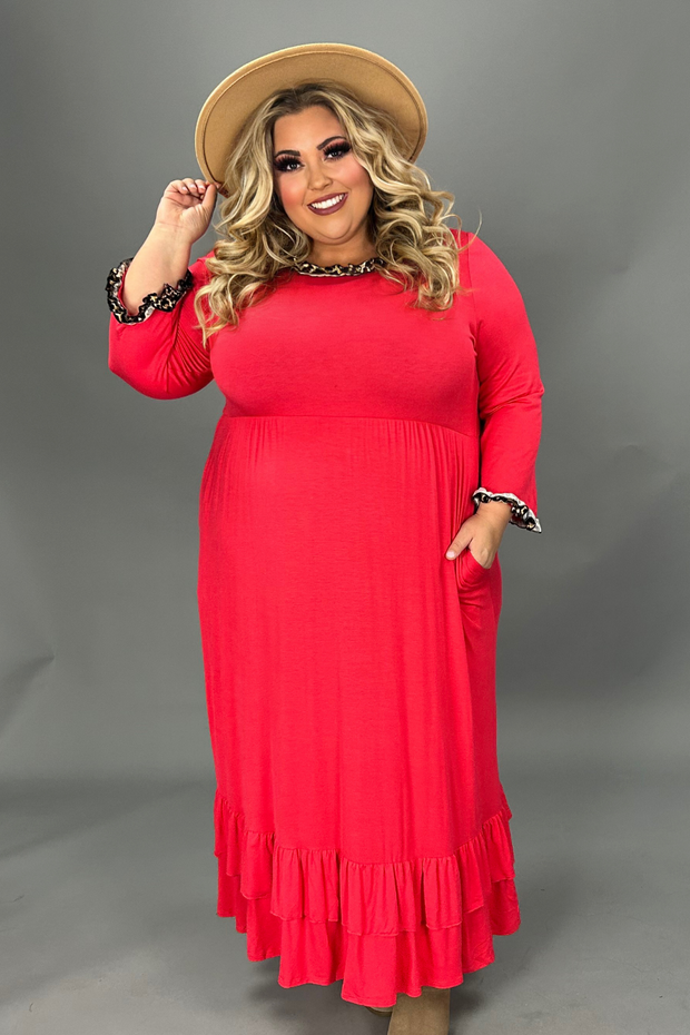 SALE!! LD-A {Flirty Nature} Red Babydoll Maxi Dress w/Leopard Contrast PLUS SIZE XL 2X 3X