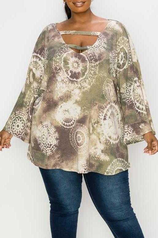 SALE!! 93 PLS-A {Curvy Distraction} Olive Print Top W/Neck Detail EXTENDED PLUS SIZE 3X 4X 5X 6X