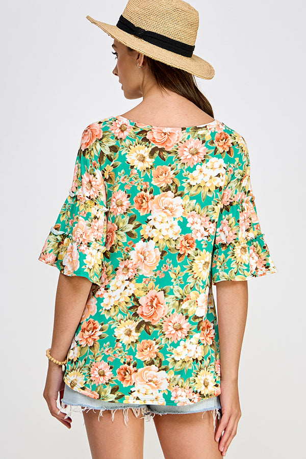 89 PQ {Simple Wishes} Green/Peach Floral Ruffle Sleeve Top PLUS SIZE XL 2X 3X