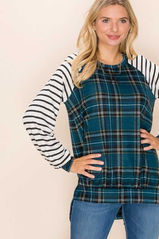 SALE!! 22 CP-T {Gotta Get Out} Blue Plaid White Striped Sleeve Top PLUS SIZE XL 2X 3X