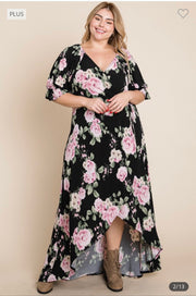 SALE!! LD-D {Floral Fascination} Black Floral Wrap Maxi Dress PLUS SIZE 1X 2X 3X