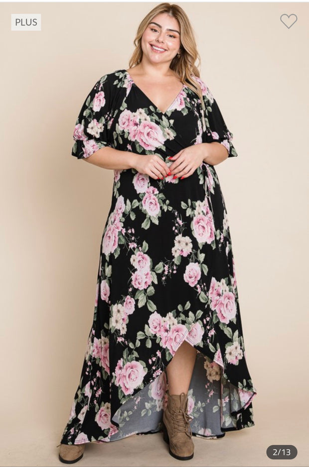 LD-D {Floral Fascination} Black Floral Wrap Maxi Dress PLUS SIZE 1X 2X 3X