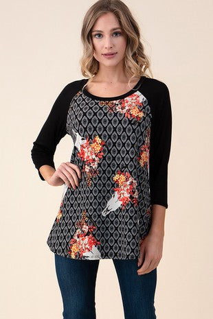 SALE!! 55 CP {Ahead Of The Game} Black Print w/Floral Bull Head PLUS SIZE XL 2X