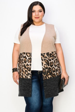 20 OT {Fireside Chat} Beige Large Leopard Print Long Vest EXTENDED PLUS SIZE 3X 4X 5X