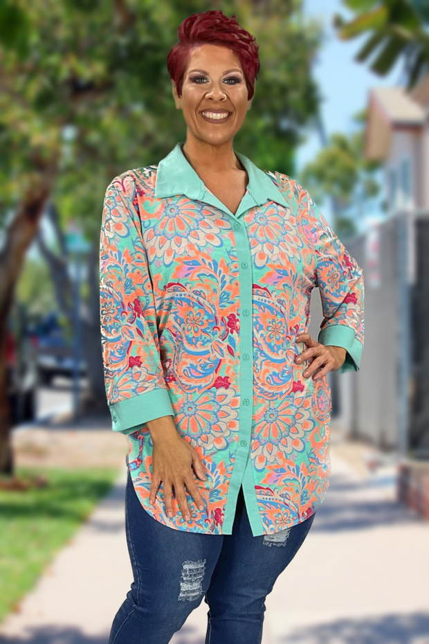 SALE!! 96 OT-A {The Way We Roll} Multi-Color Paisley Slit Side Top PLUS SIZE 1X 2X 3X