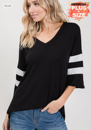 SALE!! 69 CP-R {Pleasantly Surprised} Black V-Neck Top w/Striped Sleeve PLUS SIZE XL 2X 3X