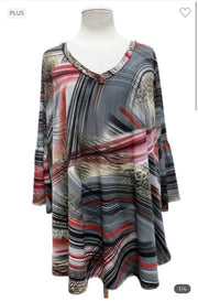 SALE! 85 PQ-R {Good Times Ahead}  SALE!! Pewter Print V-Neck Top EXTENDED PLUS SIZE 1X 2X 3X 4X 5X