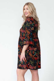 SALE!! 28 PQ-B {Scripted Style} Black Print Keyhole Babydoll Dress PLUS SIZE XL 2X 3X