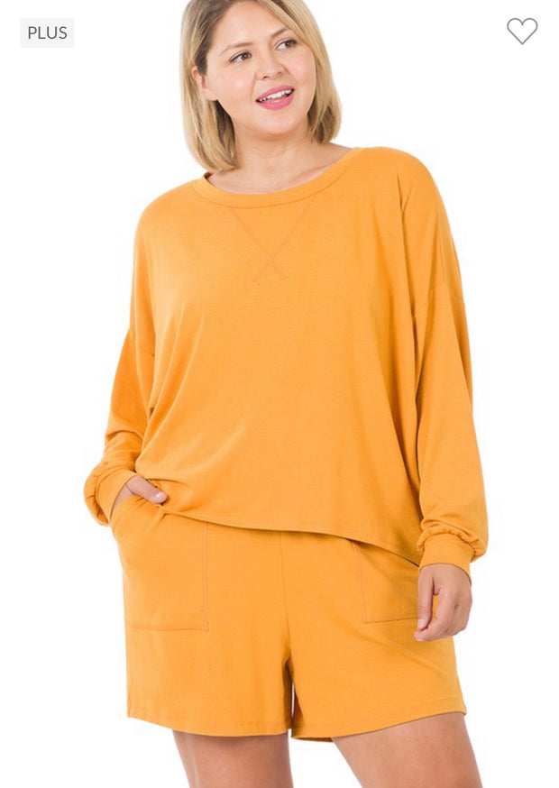 SALE!! 21 SET-F {The Good Life} Mustard Long Sleeve Short Set PLUS SIZE 1X 2X 3X