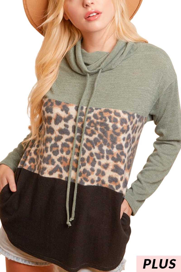 23 HD-A {Young In Love} Green Leopard Contrast Hoodie PLUS SIZE XL 2X 3X