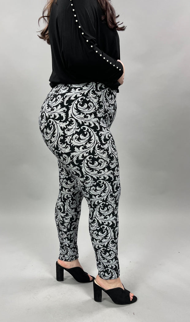 BT-99 {Glance Of Elegance} Black/Gray Print Leggings EXTENDED PLUS SIZE 3X/5X