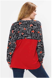 SALE!! 45-GT-G  {Written Love Letters } Red Black Top  w/ Script & Tie Front  PLUS SIZE 1X 2X 3X