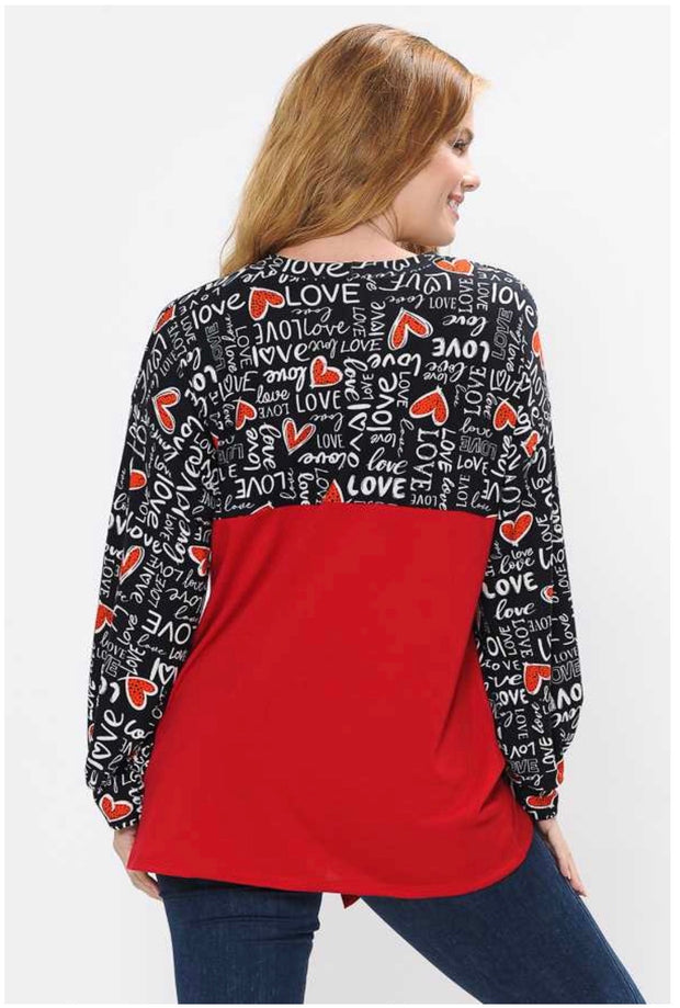 SALE!! 45-GT-G {Written Love Letters} Red Black Tunic w/ Script & Tie Front  PLUS SIZE 1X 2X 3X