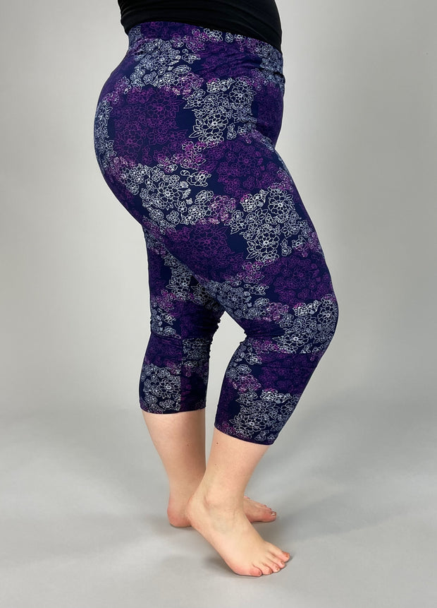 LEG-56 {Getting Things Done} Purple Floral Leggings Capri EXTENDED PLUS SIZE 3X/5X