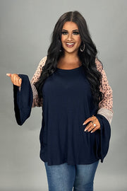 SALE!! 12 CP {Bringing Fun Back} Navy Ribbed Top w/Leopard Sleeves PLUS SIZE XL 2X 3X