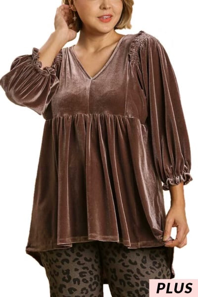 62 SQ-A {Stylish Ideas} "Umgee"  Chocolate SALE!!! Velour Babydoll Top  PLUS SIZE XL 1X 2X