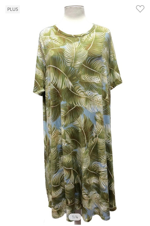 SALE!! 89 PSS-A {Hidden In Leaves} Olive Leaf Print Dress PLUS SIZES 1X 2X 3X